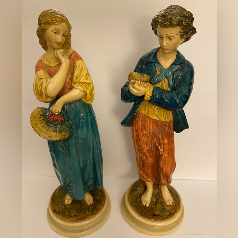Vintage Borghese Chalkware Pair of Matching Boy & Girl Figurines